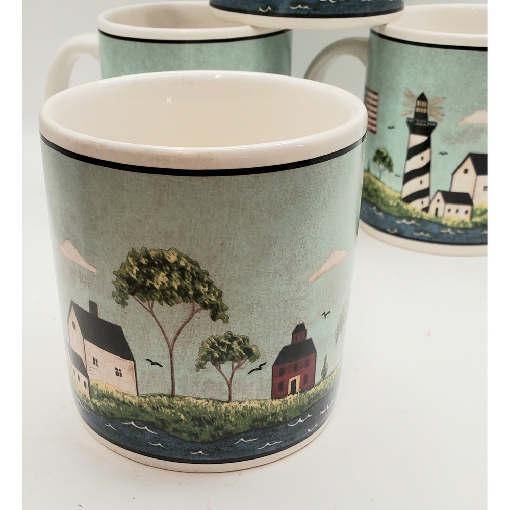 Warren Kimble Sakura Coastal Breeze Lighthouse Mugs Set of 4 Nautical 1998 - Picture 5 of 9